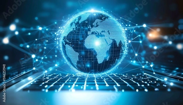 Fototapeta Concept of global communication with a globe connected by lines and glowing dots, representing the future of digital networking and data sharing