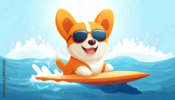 Obraz Happy Corgi Surfing Ocean Waves Summer Fun Illustration.