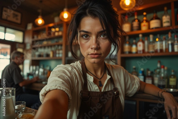 Obraz Young woman with a neutral expression, wearing a brown apron and sitting at a bar, appears to be a bartender or server.