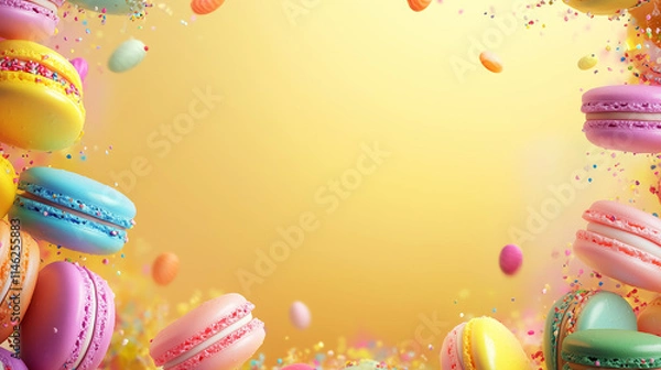 Fototapeta Macarons in rainbow colors, with sprinkles and candy decorations. The background is a bright yellow.