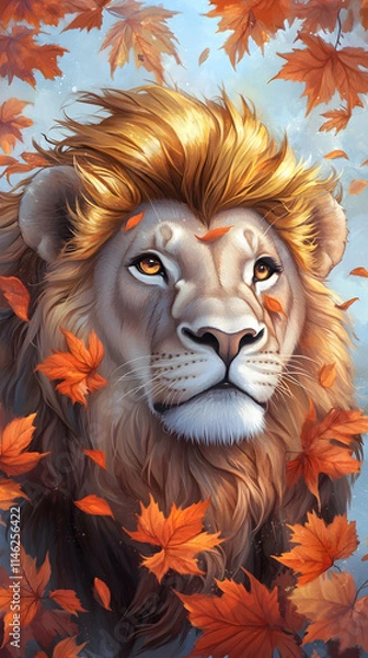 Fototapeta Lion portrait with orange leaves falling in the background for seasonal posters or design projects.