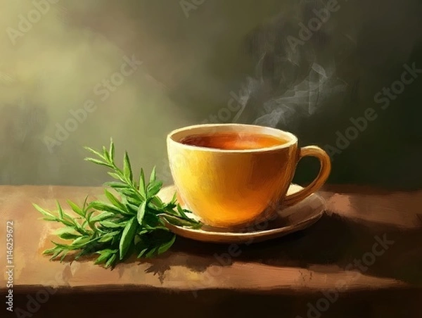 Fototapeta Steaming Cup of Herbal Tea with Fresh Green Leaves on Wooden Table in Warm Light