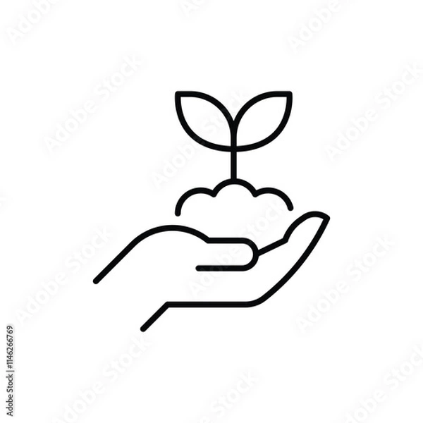 Obraz Plant in hand icon. Simple outline style. Hand holding plant with leaves, tree, grow, leaf, sprout, seedling, nature, ecology concept. Thin line symbol. Vector illustration isolated.