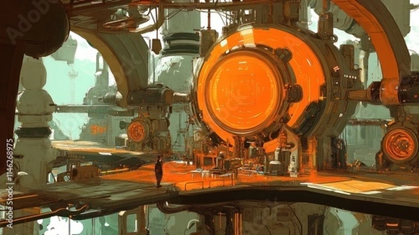 Fototapeta Futuristic factory interior with large orange orb, lone figure observing complex machinery.
