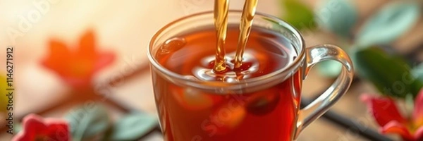Obraz Warm tea is being poured into a clear glass cup surrounded by autumn leaves and soft light