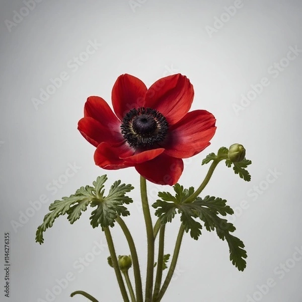 Fototapeta A red anemone flower with a dark center, isolated on white.