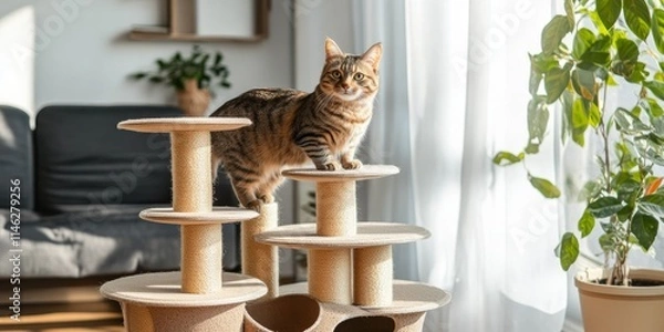 Obraz Contemporary scratching post for cats. A whimsical cartoon style climbing tower for felines, perfect for your home decor. Ideal for playful cat activities at home.