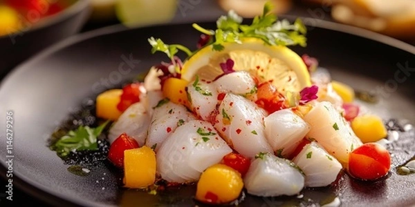 Fototapeta Delicious ceviche featuring fresh white fish served beautifully on a black dish, showcasing the vibrant colors and flavors of ceviche with white fish as a delightful culinary experience.
