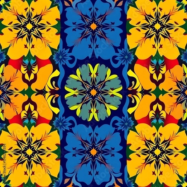 Fototapeta Vibrant Floral Mandala Pattern: A captivating seamless pattern featuring ornate, colorful mandala designs with intricate details and rich color palettes. Perfect for textile design, wallpaper.