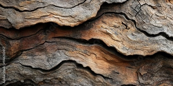 Fototapeta Close up of an old bark texture showcasing the intricate details and patterns of aged wood. This fragment of an old barked tree reveals the beauty of nature s design in a unique way.