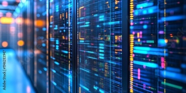 Fototapeta Expert servicing of server rows equipped with high computing power, facilitating a hyperscale data center to effectively support demanding applications like artificial intelligence and neural network