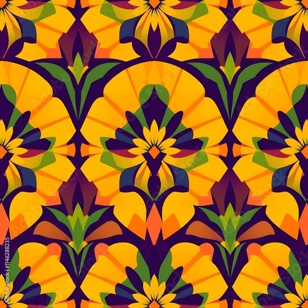 Obraz Vibrant Floral Geometric Pattern: A captivating seamless textile design featuring a rich tapestry of stylized flowers and geometric shapes in a bold color palette of yellow, purple, green, and orange.