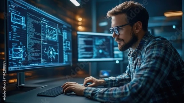 Fototapeta Programmer working late coding complex software programs