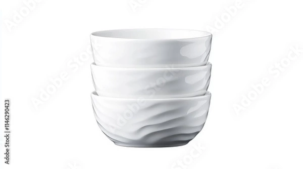 Fototapeta Stack of three white porcelain bowls with wavy texture.
