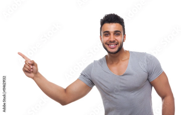 Fototapeta Casual Handsome Man Point Finger At Corner To Copy Space
