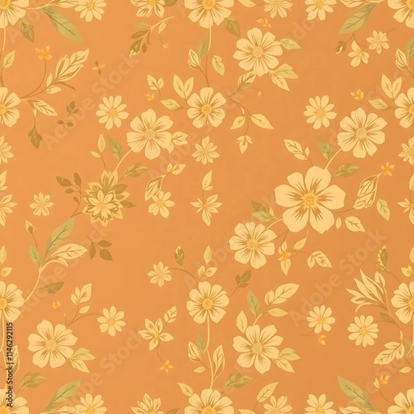 Fototapeta Rustic Floral Pattern:  A charming, vintage-inspired seamless pattern featuring delicate off-white flowers and olive green leaves on a warm burnt orange background. Perfect for textile design.