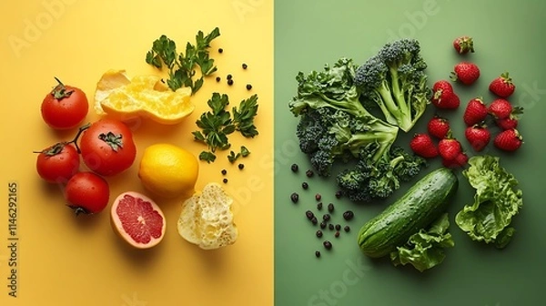 Obraz Fresh Fruits and Vegetables Arranged on Yellow and Green Backgrounds
