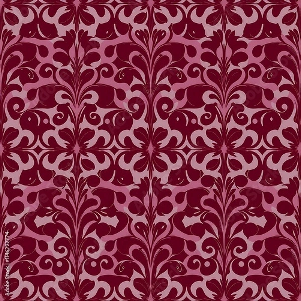 Fototapeta Damask Burgundy Floral Pattern: A refined and elegant damask pattern, featuring intricate floral motifs in shades of burgundy and pink, creates a sophisticated backdrop for any design project.