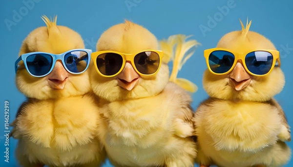 Fototapeta "Three Yellow Chicks Wearing Sunglasses Posing Against Multiple Backgrounds, Including a Studio Blue Backdrop – A Fun and Vibrant Easter Concept with Playful and Whimsical Vibes"