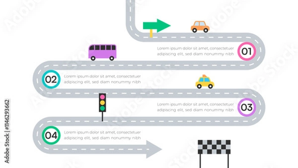 Obraz Roadmap Infographic with Cars, Traffic Lights, and Numbered Steps on Winding Path