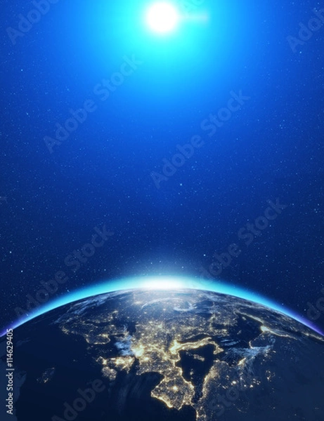 Fototapeta Highly detailed epic moon over world skyline. Planet earth Europe zone with night time city. 3D Rendering animation using satellite imagery (NASA)