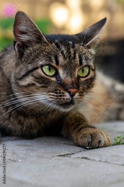 Obraz Portrait of a yard cat. Cat is lying in the yard close-up