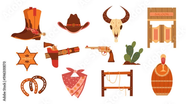 Obraz wild west elements collection with cactus, bull skull, cowboy boots, etc.