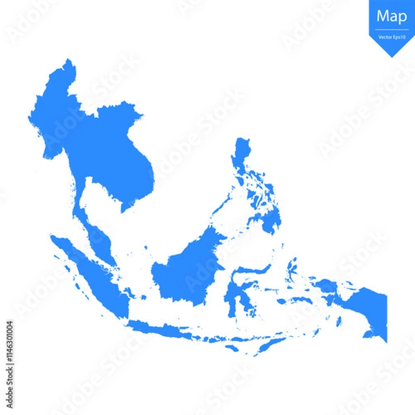 Obraz Blue map of Southeast Asia isolated on white background. Vector illustration eps10.	
