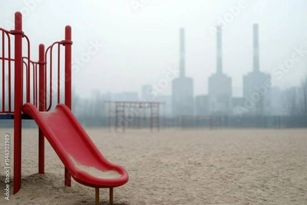 Fototapeta Pm 2.5 industrial concept. A playground slide in the foreground with a hazy industrial background featuring smokestacks, creating a juxtaposition of play and pollution.