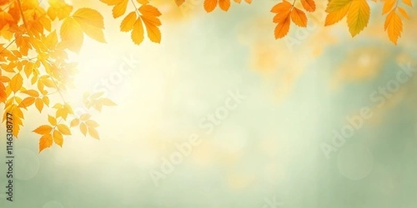Fototapeta Golden and Red Autumn Leaves on a Pastel Sky Banner with Bokeh Effect
