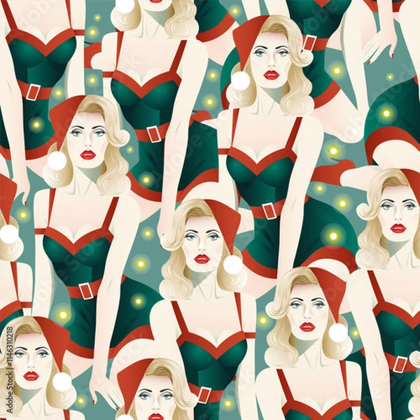Obraz girl in a Christmas hat with a flashlight seamless pattern
