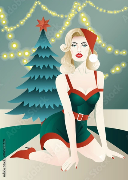 Obraz a girl in a New Year's hat on the background of a Christmas tree