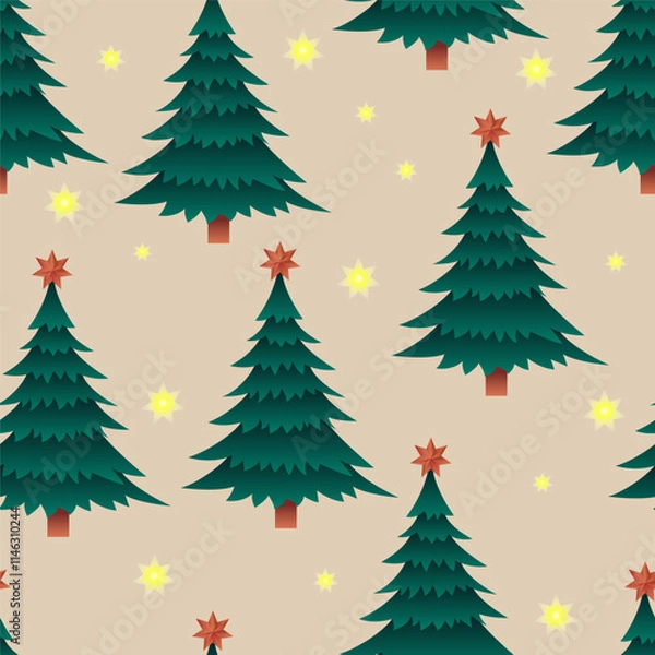 Fototapeta Seamless pattern with Christmas tree and glowing lanterns