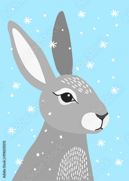 Obraz A hand-drawn drawing of a grey rabbit in wildflowers