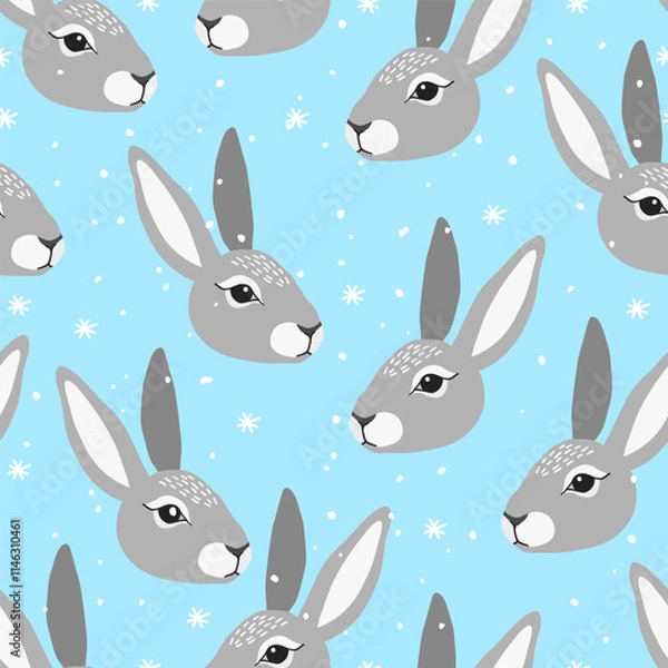 Obraz seamless pattern with grey rabbits and snowflakes