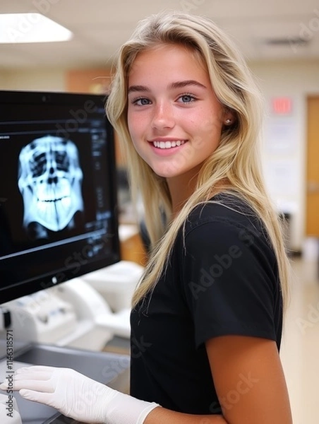 Fototapeta A blonde woman in black scrubs smiles beside a computer displaying a digital X-ray of a patient\'s jaw in a healthcare setting