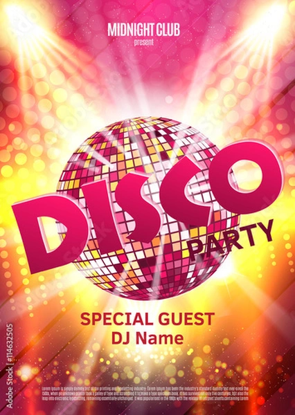 Obraz Plakat disco party. Tło strony z dyskotekową kulą