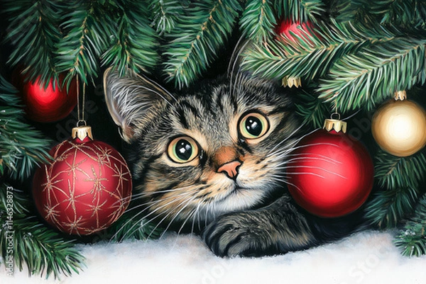 Fototapeta Close up of a Tabby cat peeking out from under a decorated Christmas tree outside in the snow. Red ornaments on the tree.