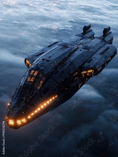 Obraz Futuristic Spacecraft Flying Through Clouds in Outer Space