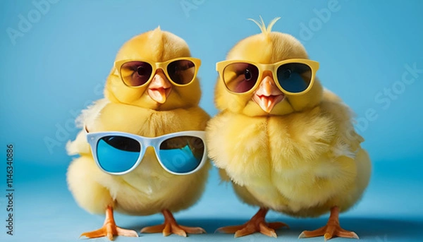 Fototapeta "Cheerful Yellow Chicks in Cool Sunglasses, Posing on a Blue Studio Backdrop – Easter-Themed with Vibrant Tones, Perfect for Fun Holiday Visuals and Playful Stock Imagery"