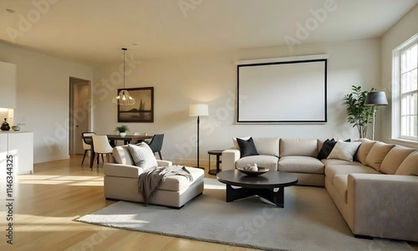 Fototapeta A modern and minimalist living room with a large black projection screen, a low coffee table with a round black base