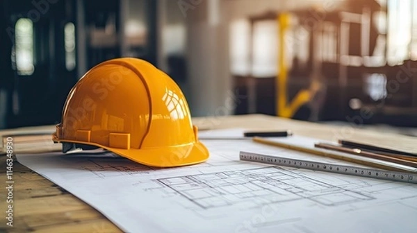 Fototapeta Safety Helmet on Blueprints with Architectural Plans and Construction Tools in a Modern Office Environment for Project Planning and Design