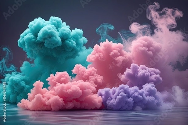 Fototapeta Coral Party Smoke Isolated Teal Pink Lavender Cloud with 3D Haze Patterns and Soft Fog Effect