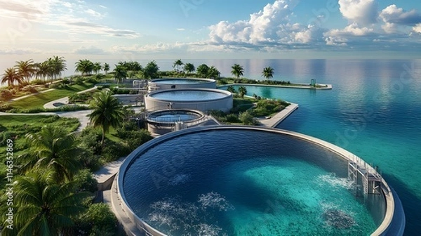 Fototapeta An aerial view of a modern water treatment facility showcases circular purification tanks, coastal industrial architecture, tropical palm trees, and turquoise ocean, all under a sunny, cloud-dotted sk