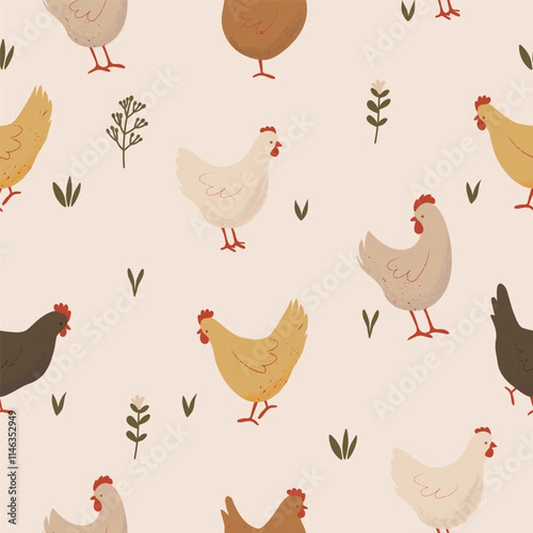 Fototapeta Cute Chickens Seamless Pattern with Floral on a Light Background. Farm Animals Pattern. Hand Drawn Vector Illustration.