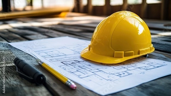 Fototapeta Bright yellow hard hat resting on architectural blueprints with a pencil and pen, symbolizing construction progress and project planning on a wooden surface.