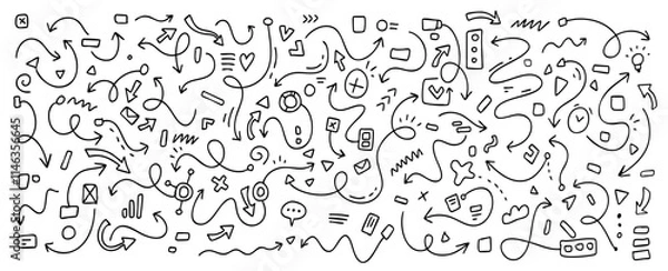 Fototapeta Vector business illustration of set of simple different line shape brush arrow on white background. Flat sketch hand drawn doodle style of collection of various marker abstract black shape element