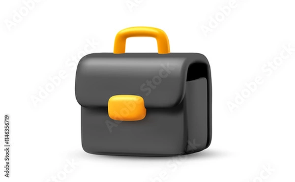 Fototapeta Vector illustration of black office work briefcase on white color background. 3d cartoon style design of male work bag for portfolio and document with lock. Business brief case icon