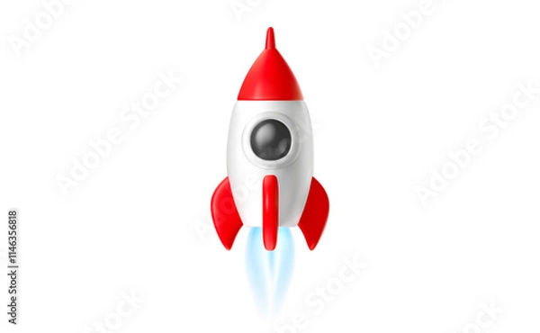 Fototapeta Vector startup realistic illustration of red spaceship icon with fire isolated on white background. 3d cartoon style design of toy space rocket launch. Shuttle takeoff, business startup ship symbol