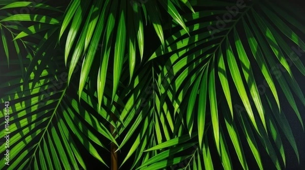 Fototapeta A classic oil painting of a set of tropical green palm leaves, rendered with intense dramatic lighting and high contrast to create tension. Rich textures and visible brushstrokes are key